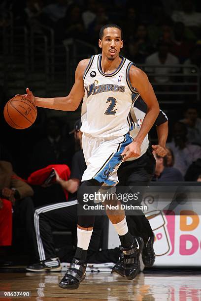 Shaun Livingston of the Washington Wizards moves the ball up court during the game against the Atlanta Hawks at the Verizon Center on April 10, 2010...