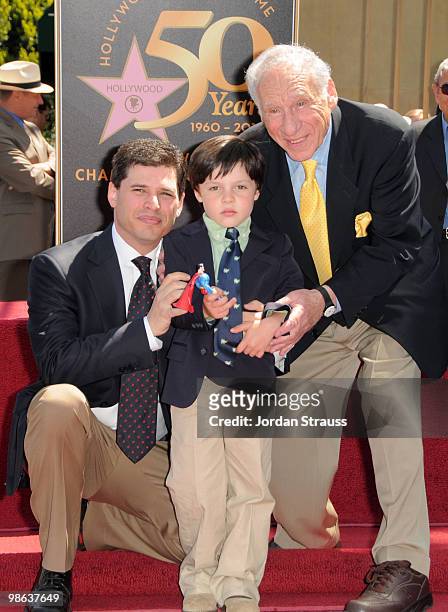 Max Brooks, Michael Brooks and honoree Mel Brooks attend The Hollywood Walk of Fame ceremony honoring Mel Brooks on April 23, 2010 in Hollywood,...