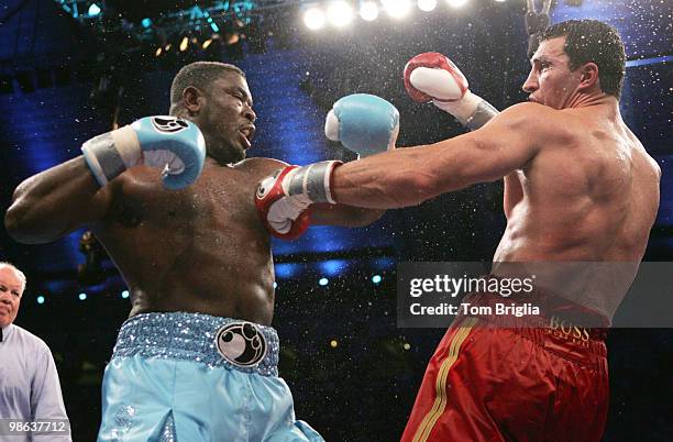 Samuel Peter connects with a left cross to Wladimir Klitschko. Klitschko went on to win a unanimous decision over Peter. Sept 24, 2005 at Boardwalk...