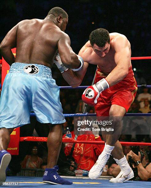 Samuel Peter hits Wladimir Klitschko and sends him to the canvas. Klitschko went on to win a unanimous decision over Peter. Sept 24, 2005 at...