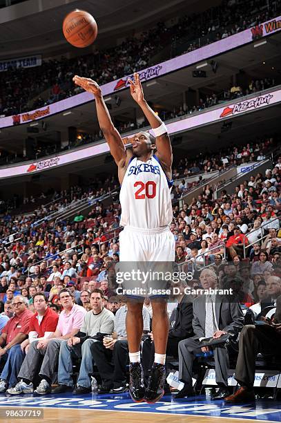 Jodie Meeks of the Philadelphia 76ers shoots a jump shot during the game against the Miami Heat at Wachovia Center on April 12, 2010 in Philadelphia,...