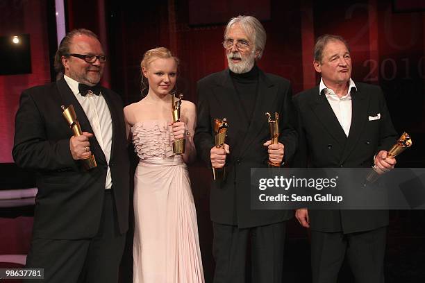 Stefan Arndt, Maria Victoria DragusMichael Haneke and Burghart Klaussner pose with the Lola award after the German film award Gala at...