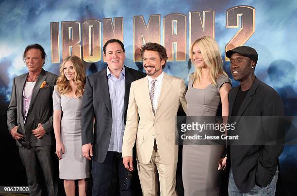Actors Mickey Rourke, Scarlett Johansson, director/actor Jon Favreau, actor Robert Downey Jr., actress Gwyneth Paltrow, and actor Don Cheadle attend...