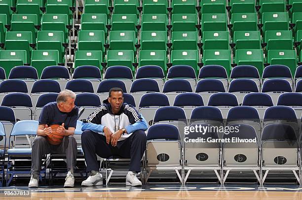Assistant coach Tim Grgurich and assistant coach Adrian Dantley of the Denver Nuggets talk during practice prior to Game Three of the Western...