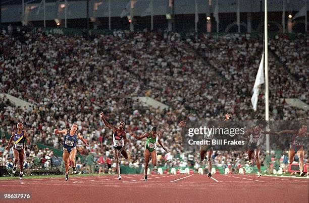 Summer Olympics: USA Gail Devers in action, winning Women's 100M Final gold medal vs Jamaica Merlene Ottey and USA Gwen Torrence at Centennial...