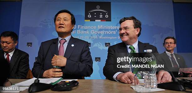 South Korea�s Finance Minister Yoon Jeung-hyun speaks during a press conference with Canadian Finance Minister Jim Flaherty at the IMF/World Bank...
