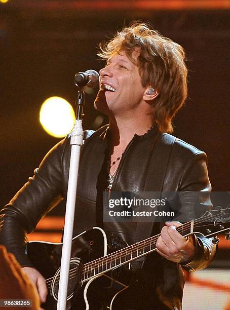 Musician Jon Bon Jovi perofrms onstage at the 52nd Annual GRAMMY Awards held at Staples Center on January 31, 2010 in Los Angeles, California.