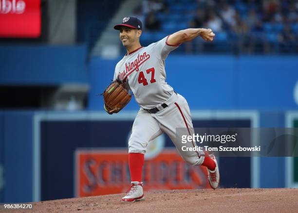 Gio Gonzalez of the Washington Nationals delivers a pitch in the first inning during MLB game action against the Toronto Blue Jays at Rogers Centre...