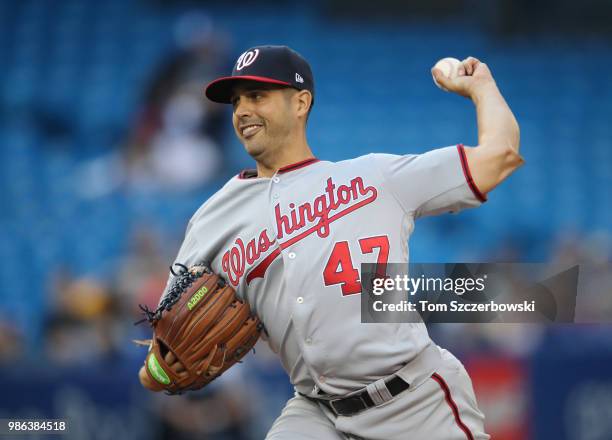 Gio Gonzalez of the Washington Nationals delivers a pitch in the second inning during MLB game action against the Toronto Blue Jays at Rogers Centre...