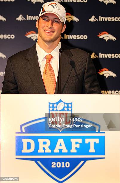 Tim Tebow is introduced by the Denver Broncos at a press conference at the Broncos Headquarters in Dove Valley on April 23, 2010 in Englewood,...