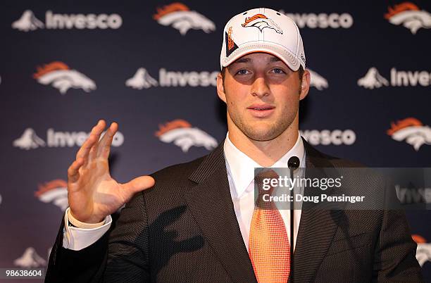 Tim Tebow is introduced by the Denver Broncos at a press conference at the Broncos Headquarters in Dove Valley on April 23, 2010 in Englewood,...