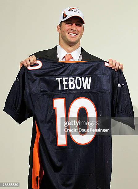 Tim Tebow is introduced by the Denver Broncos at a press conference at the Broncos Headquarters in Dove Valley on April 23, 2010 in Englewood,...