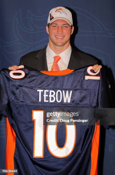 Denver Broncos introduce NFL first round draft pick Tim Tebow during a press conference at the Broncos Headquarters in Dove Valley on April 23, 2010...