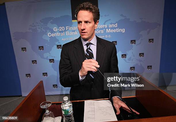 Treasury Secretary Timothy Geithner participates in a news conference at the International Monetary Fund headquarters on April 23, 2010 in...