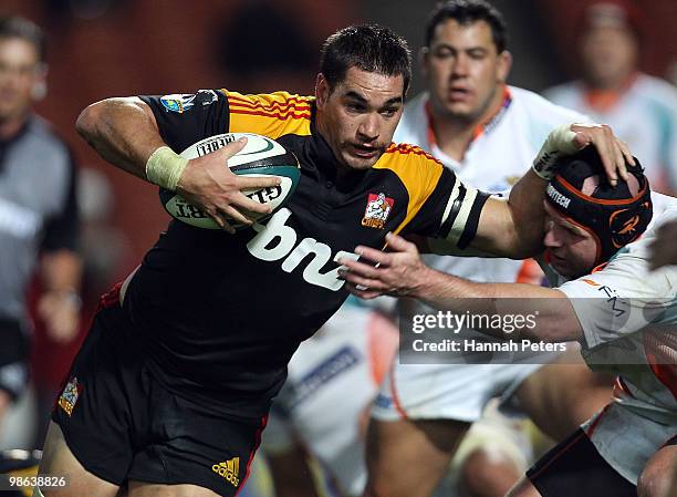 Colin Bourke of the Chiefs charges forward during the round 11 Super 14 match between the Chiefs and the Cheetahs at Waikato Stadium on April 23,...