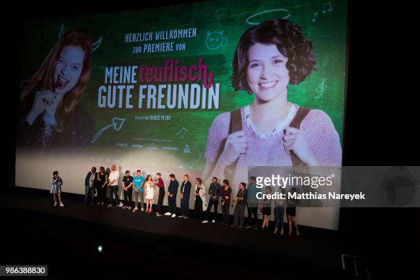 Cast and crew attend the 'Meine teuflisch gute Freundin' Premiere at Cinemaxx on June 28, 2018 in Berlin, Germany.
