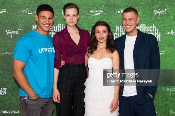 Emilio Sakraya, Emma Bading, Janina Fautz and Ludwig Simon attend the 'Meine teuflisch gute Freundin' Premiere at Cinemaxx on June 28, 2018 in...