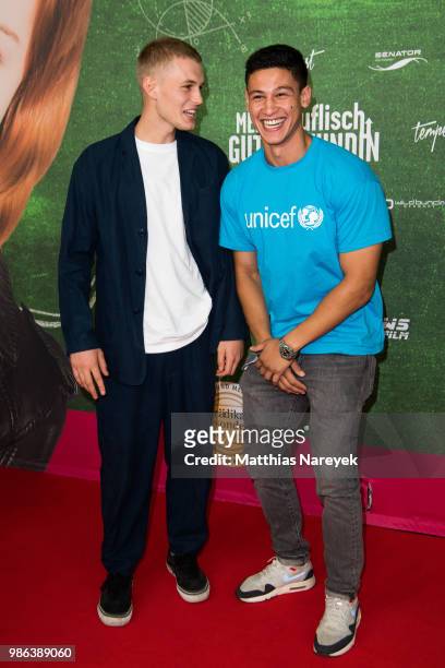 Emilio Sakraya and Ludwig Simon attend the 'Meine teuflisch gute Freundin' Premiere at Cinemaxx on June 28, 2018 in Berlin, Germany.