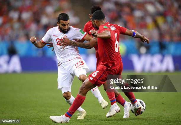 Naim Sliti of Tunisia battles for possession with Anibal Godoy and Gabriel Gomez of Panama during the 2018 FIFA World Cup Russia group G match...