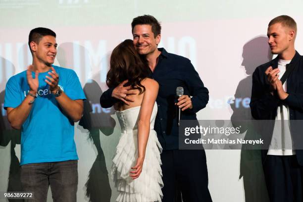 Emilio Sakraya, Janina Fautz, director Marco Petry and Ludwig Simon attend the 'Meine teuflisch gute Freundin' Premiere at Cinemaxx on June 28, 2018...