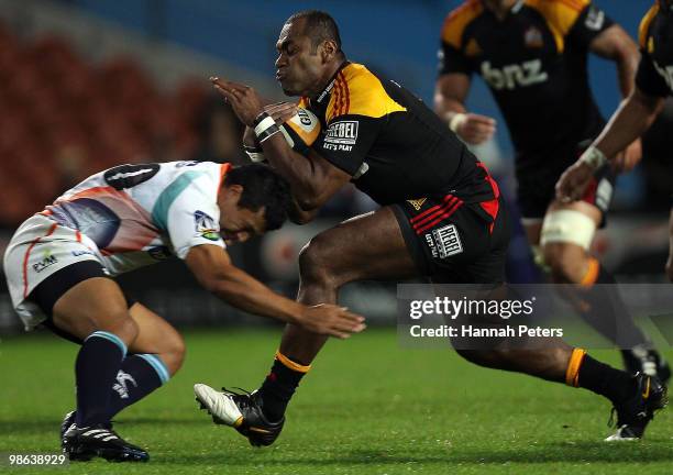 Sitiveni Sivivatu of the Chiefs charges forward during the round 11 Super 14 match between the Chiefs and the Cheetahs at Waikato Stadium on April...