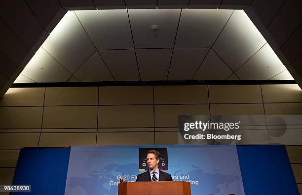 Timothy Geithner, U.S. Treasury secretary, speaks at a news conference during the Group of 20 Finance Ministers and Central Bank Governors' meeting...