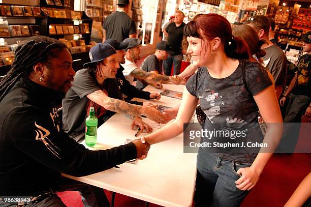 Lajon Witherspoon,Morgan Rose, John Connolly, Clint Lowery, and Vincent Hornsby attends the Sevendust signing in-store at Ear-X-Tacy on April 22,...