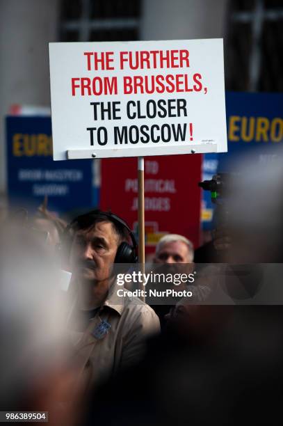 Protesters rally at the offices of the EU in Warsaw, Poland on June 25, 2018 against the upcoming court reforms. Forty percent of its Supreme Court...