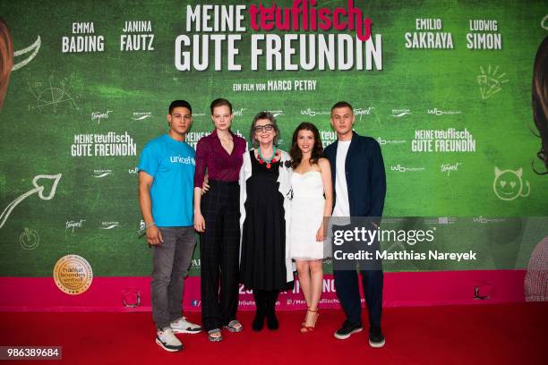 Emilio Sakraya, Emma Bading, Hortense Ullrich, Janina Fautz and Ludwig Simon attend the 'Meine teuflisch gute Freundin' Premiere at Cinemaxx on June...