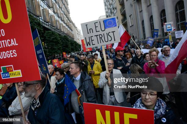 Protesters rally at the offices of the EU in Warsaw, Poland on June 25, 2018 against the upcoming court reforms. Forty percent of its Supreme Court...