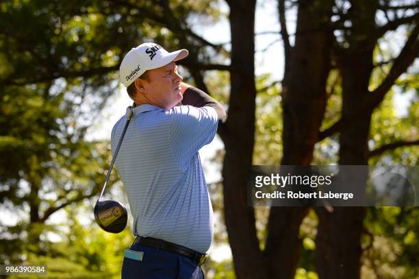Joe Durant makes a tee shot on the seventh hole during round one of the U.S. Senior Open Championship at The Broadmoor Golf Club on June 28, 2018 in...