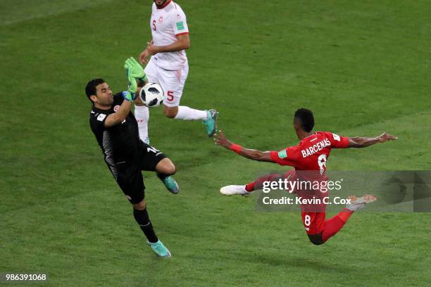 Aymen Mathlouthi of Tunisia makes a savre on Edgar Barcenas of Panama during the 2018 FIFA World Cup Russia group G match between Panama and Tunisia...