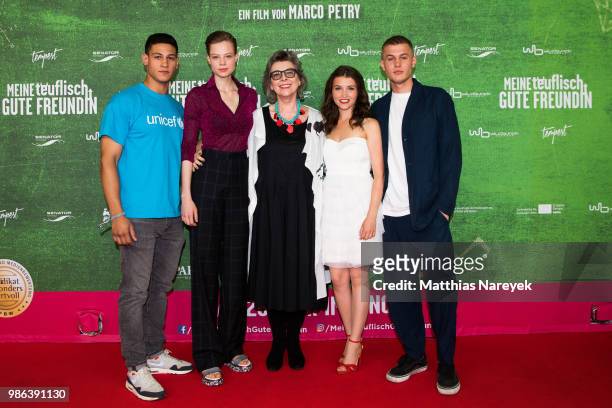 Emilio Sakraya, Emma Bading, Hortense Ullrich, Janina Fautz and Ludwig Simon attend the 'Meine teuflisch gute Freundin' Premiere at Cinemaxx on June...