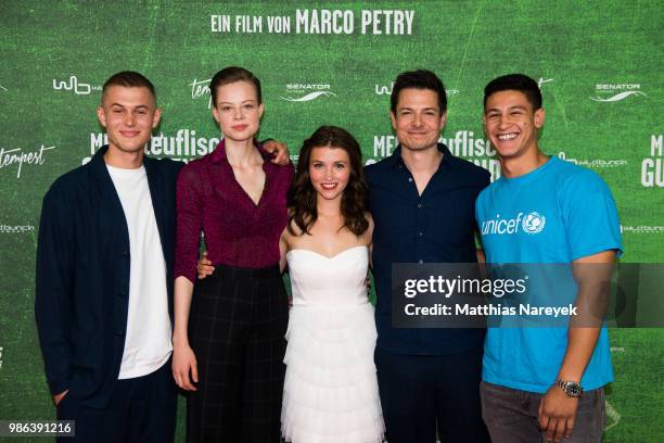 Ludwig Simon, Emma Bading, Janina Fautz, director Marco Petry and Emilio Sakraya attend the 'Meine teuflisch gute Freundin' Premiere at Cinemaxx on...