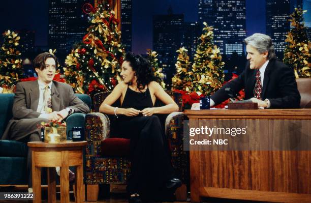 Episode 834 -- Pictured: Actor Robert Downey Jr. And actress Julie Brown during an interview with host Jay Leno on December 27, 1995 --