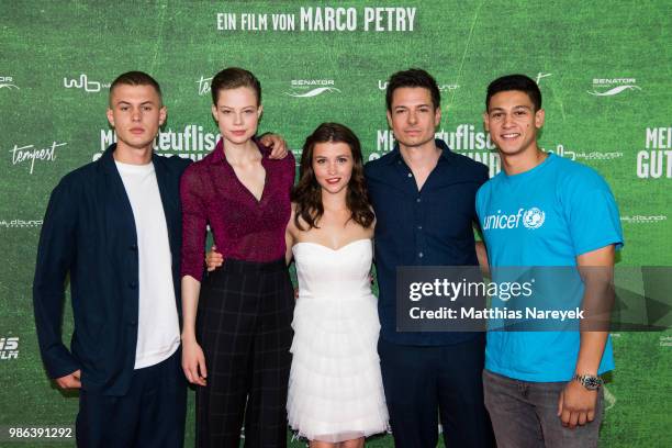 Ludwig Simon, Emma Bading, Janina Fautz, director Marco Petry and Emilio Sakraya attend the 'Meine teuflisch gute Freundin' Premiere at Cinemaxx on...