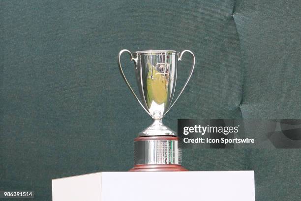 The Travelers Championship trophy on the first tee during the Final Round of the Travelers Championship on June 24, 2018 at TPC River Highlands in...