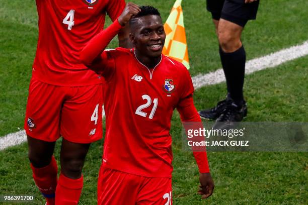 Panama's midfielder Jose Luis Rodriguez celebrates after scoring during the Russia 2018 World Cup Group G football match between Panama and Tunisia...