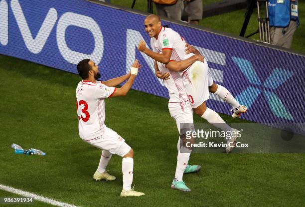 Wahbi Khazri of Tunisia celebrates with teammates after scoring his sides second goal during the 2018 FIFA World Cup Russia group G match between...