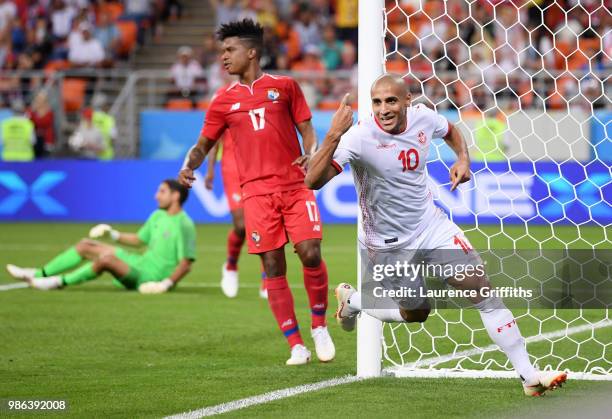 Wahbi Khazri of Tunisia celebrates after scoring his sides second goal as Luis Ovalle of Panama looks on dejected during the 2018 FIFA World Cup...