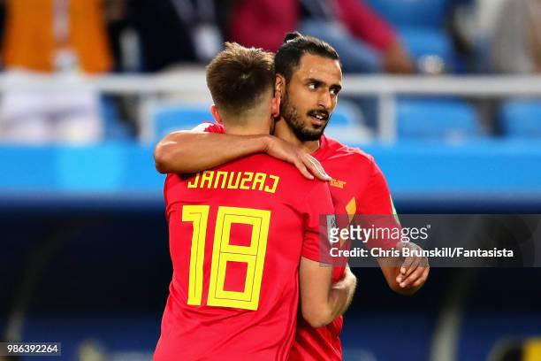 Adnan Januzaj of Belgium celebraes with teammate Nacer Chadli after scoring his sides first goal during the 2018 FIFA World Cup Russia group G match...