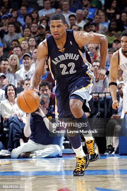 Rudy Gay of the Memphis Grizzlies moves the ball up court during the game against the Oklahoma City Thunder at Ford Center on April 14, 2010 in...