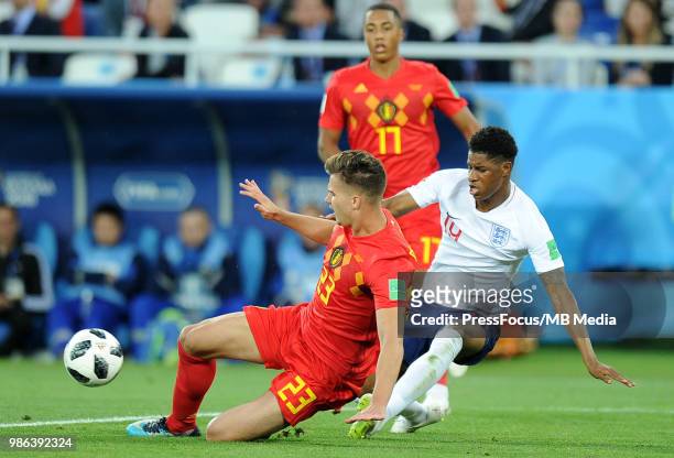 Leander Dendoncker of Belgium competes with Danny Welbeck of England during the 2018 FIFA World Cup Russia group G match between England and Belgium...