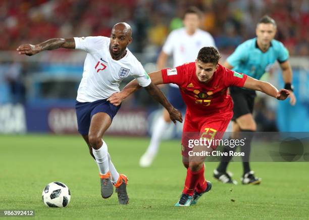 Fabian Delph of England is challenged by Leander Dendoncker of Belgium during the 2018 FIFA World Cup Russia group G match between England and...