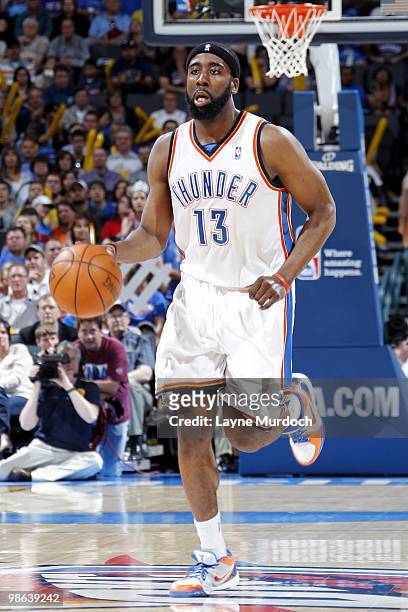 James Harden of the Oklahoma City Thunder moves the ball up court during the game against the Memphis Grizzlies at Ford Center on April 14, 2010 in...
