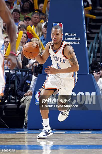 Eric Maynor of the Oklahoma City Thunder moves the ball up court during the game against the Memphis Grizzlies at Ford Center on April 14, 2010 in...