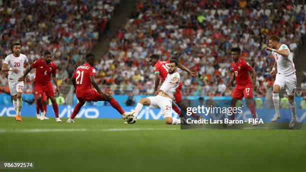 General view of action during the 2018 FIFA World Cup Russia group G match between Panama and Tunisia at Mordovia Arena on June 28, 2018 in Saransk,...