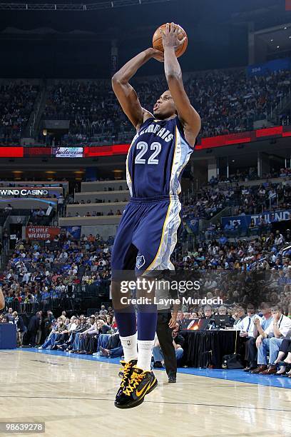 Rudy Gay of the Memphis Grizzlies shoots a jump shot during the game against the Oklahoma City Thunder at Ford Center on April 14, 2010 in Oklahoma...