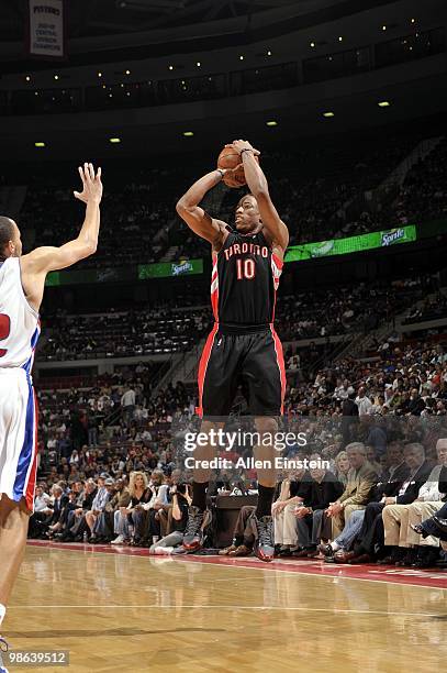 DeMar DeRozan of the Toronto Raptors shoots a jump shot during the game against the Detroit Pistons at the Palace of Auburn Hills on April 12, 2010...