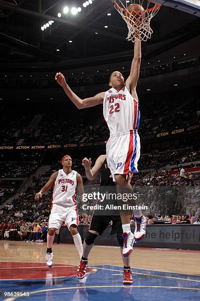 Tayshaun Prince of the Detroit Pistons dunks during the game against the Toronto Raptors at the Palace of Auburn Hills on April 12, 2010 in Auburn...